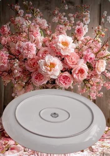 Vintage Fleischplatte Schale weiß Fleischplatte groß Silberrand Tablett Rose Landhaus NEU - Bild 2 von 3