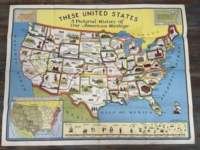 1949 These United States Pictorial History Map Robert Hyde de Grange 36x28