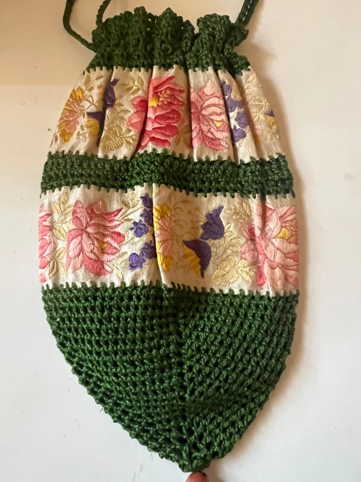Bolso Cartera Crochet y Seda Tejido Cordón Verde Cuentas de Madera Vintage Floral Foto 2 de 4