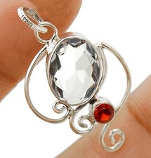6CT Natural White Topaz & Garnet 925 Sterling Silver Pendant 1 1/4