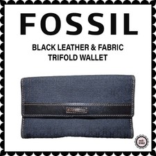 FOSSIL BLACK LEATHER  FABRIC TRIFOLD WALLET