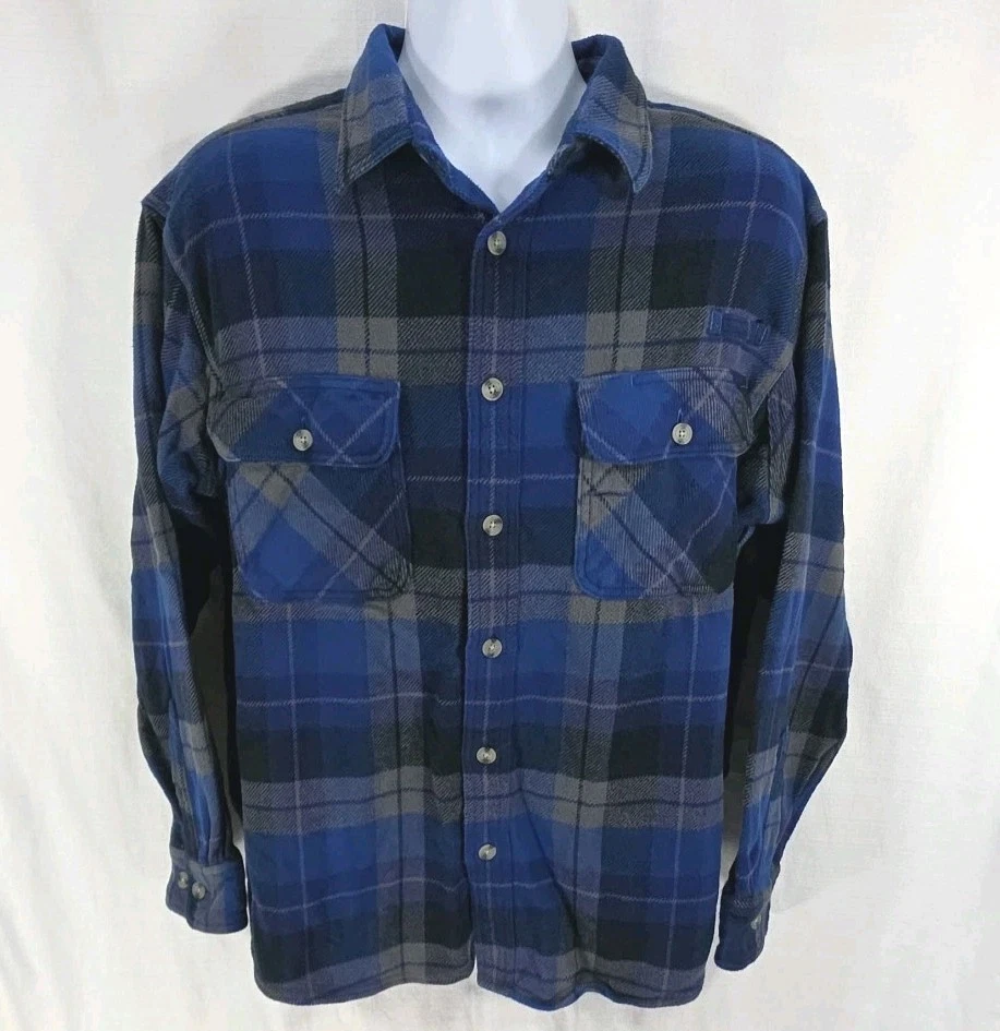 Vtg Cabela's Legendary Quality Blue Plaid Flannel Shirt L 100% Cotton Y2K