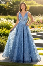 Blue Long Embroidered Sequin V Neck Prom Dress Size 0 Pockets Formal Gown