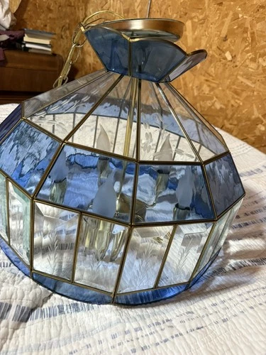 Vintage Tiffany Style Etched wheat Clear and blue glass Ceiling Chandelier