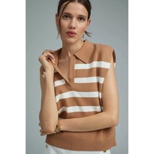 Anthropologie Maeve Stripe Collared Sleeveless Sweater Vest In Came/White NWT