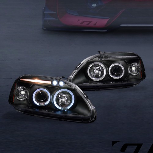 For 1996-1998 Honda Civic Black LED Halo Projector Headlights Lamps Signal Amber - Imagen 2 de 7