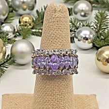 Lovely Vintage 14K Gold-Plated 3-Row Purple & White CZ Cocktail Ring, size 6.5