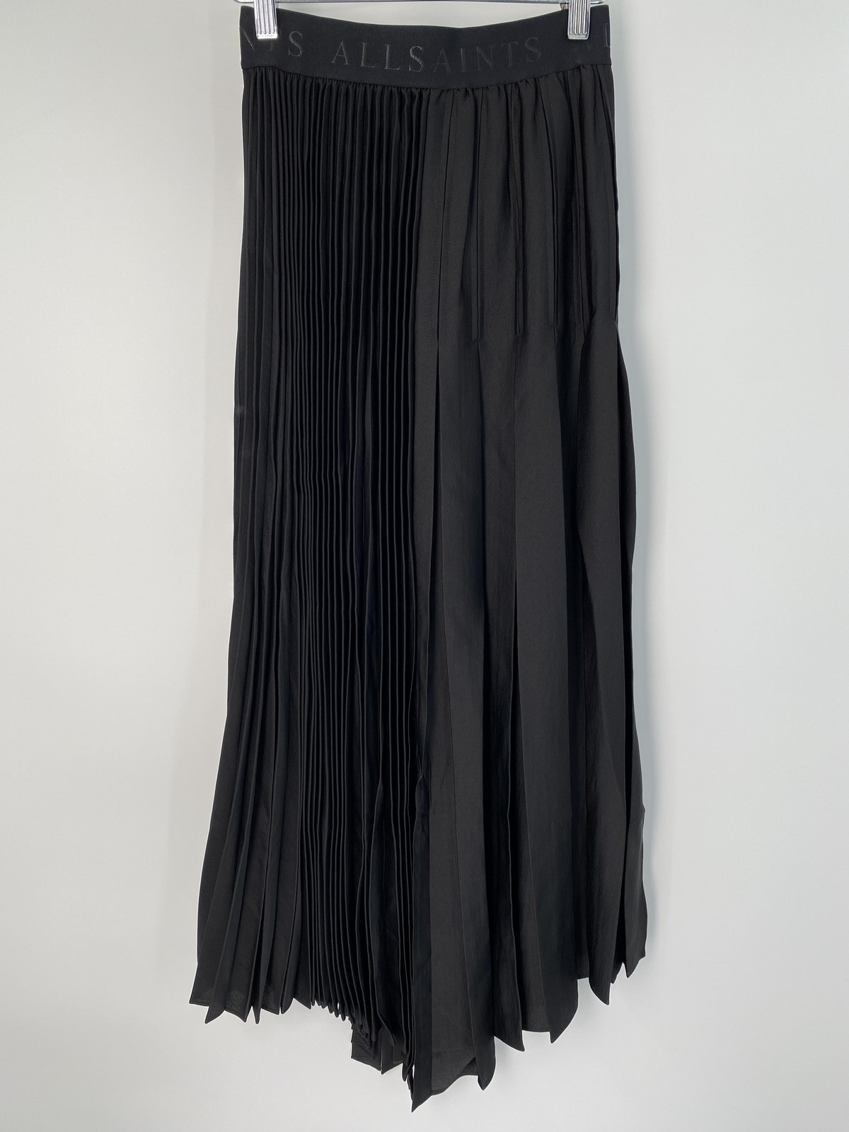 AllSaints Womens Midi Skirt Black Size 2 Jax Pleated Asymmetrical Hem Polyester