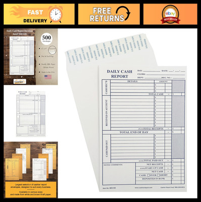 500 Daily Cash Report Envelopes 6''x9'' Open End Peel & Seal 28lb White - Premium