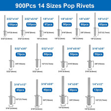 900Pcs Pop Rivets Assortment Kit Packed in Handheld Box 14-Size Blind Rivets for