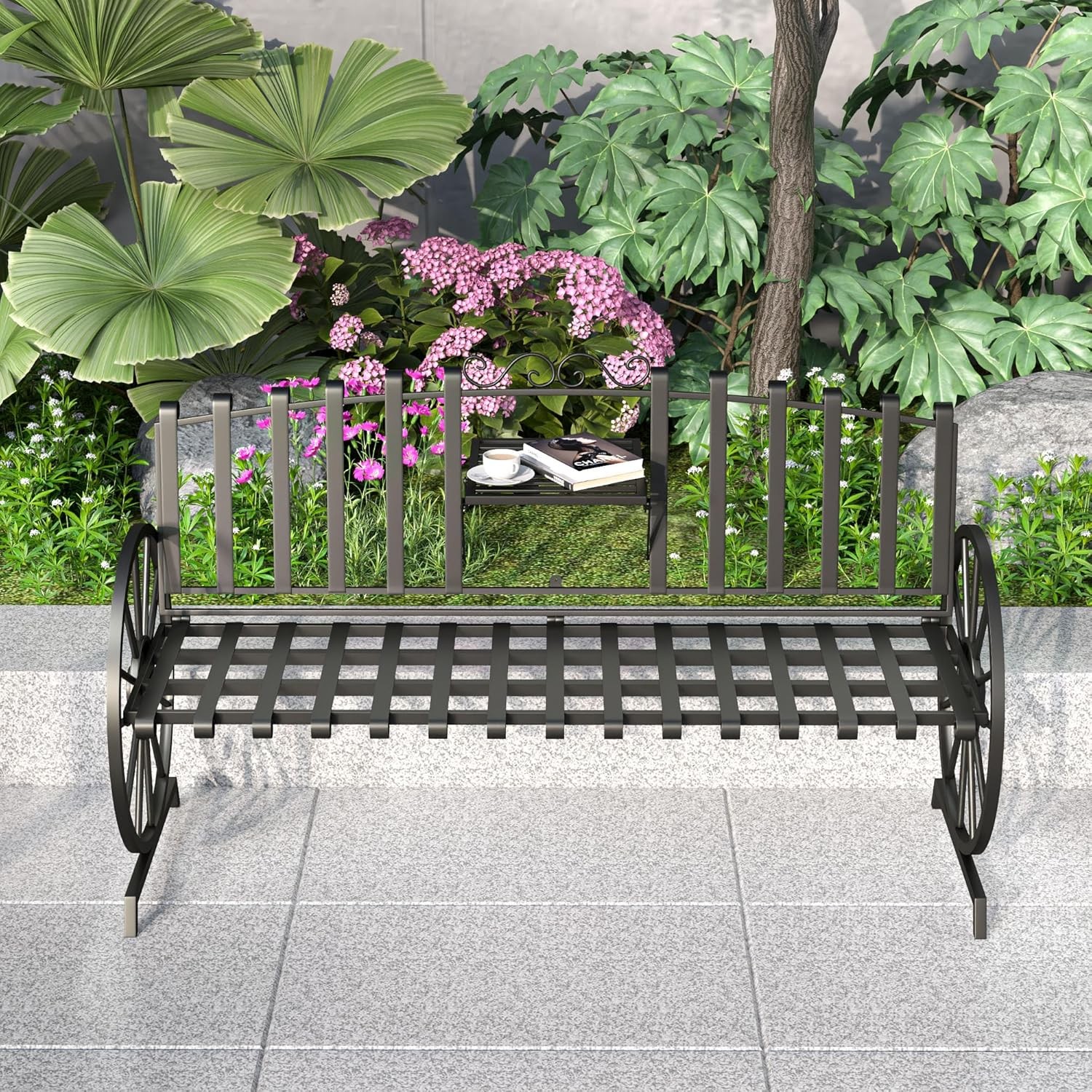 Outdoor Bench Patio Outdoor Garden Bench with Built-in Table, Wagon Wheel Arms