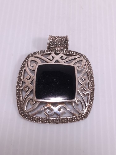 Big Sterling Silver With Onyx Stone Marcasite Pendant 27 G
