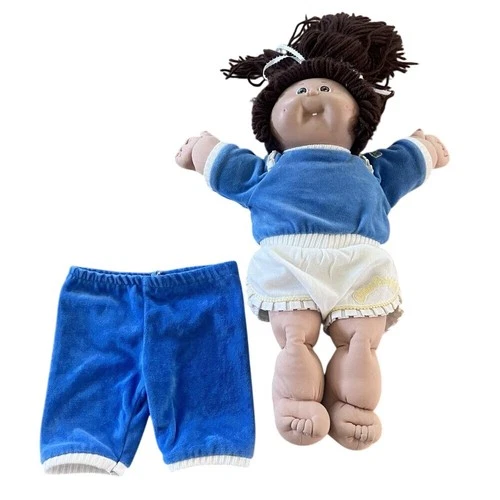 Vtg Cabbage Patch Kids Doll w/ Jogger Velour Sweatsuit Yarn Brown Hair 85 Mark