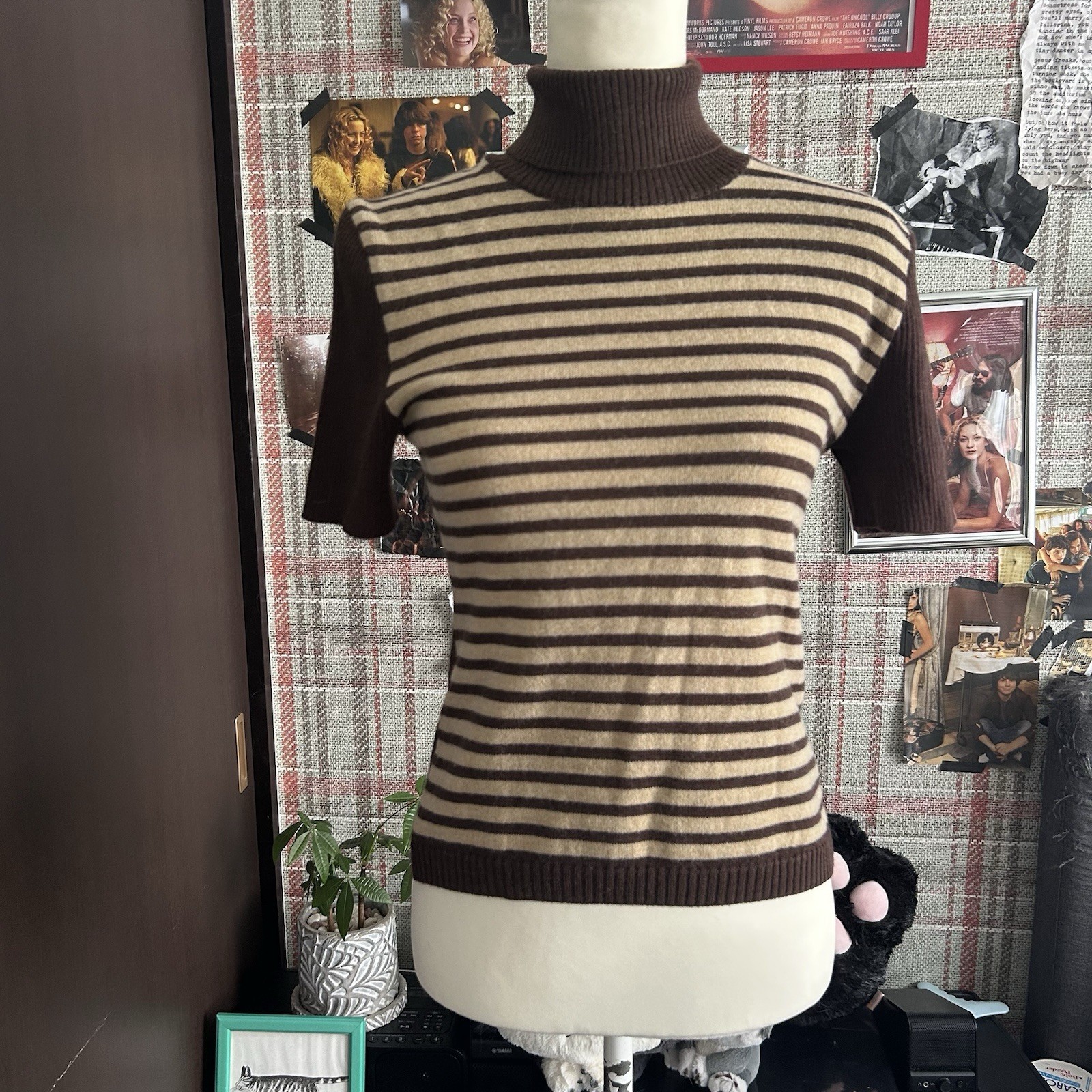 Vintage 90s Brown Striped Turtleneck Knit Top Retro Short Sleeve Mock Neck y2k
