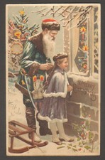 RARA CHRISTMAS HOLD TO LIGHT POST CARD, SANTA CLAUS & CHILD-PURPLE SUIT