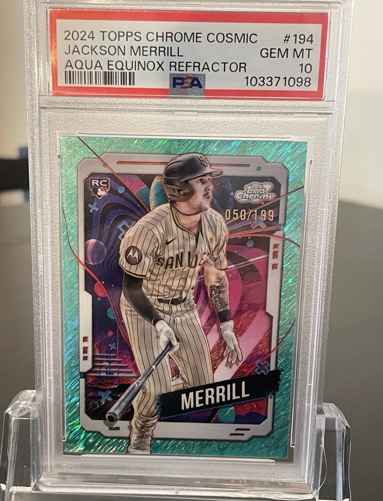 2024 Topps Cosmic Chrome Jackson Merrill #194 Aqua Equinox Refractor /199 PSA 10