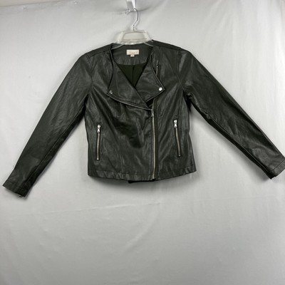 Loft Moto Jacket Faux Leather Womens size Cropped Green Full Zip Biker 