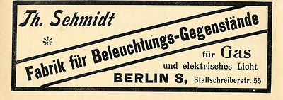 Th.Schmidt Berlin BELEUCHTUNGS- GEGENSTAENDE FUER GAS Historische Reklame 1896