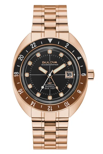 Bulova Men's Oceanographer GMT Automatic Rose Gold Root Beer Watch 41MM 97B215