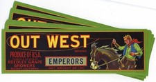 25 Out West Brand, Reedley California Grape Crate Labels, Wholesale, cowboy