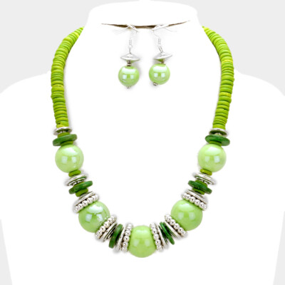 Green Ceramic Bead And Coco Wooden Bead Silver Tone Bead Necklace Earring