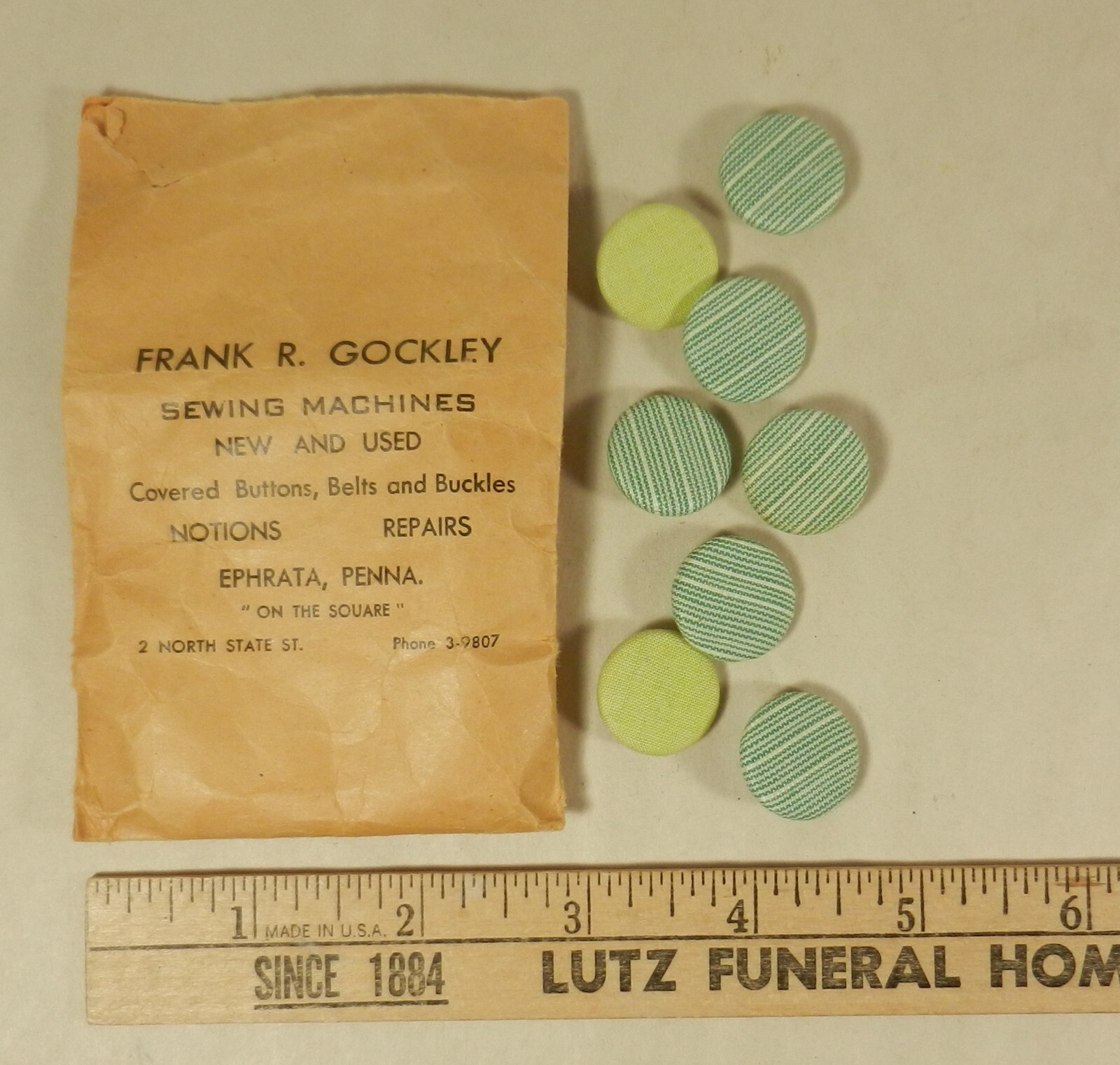 Covered Cloth Buttons in Frank R. Gockley Ephrata PA Envelope Sewing
