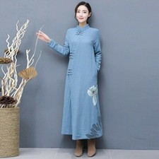 Women Cotton Linen Cheongsam Qipao Long Dress Floral Mandarin Collar Ethnic
