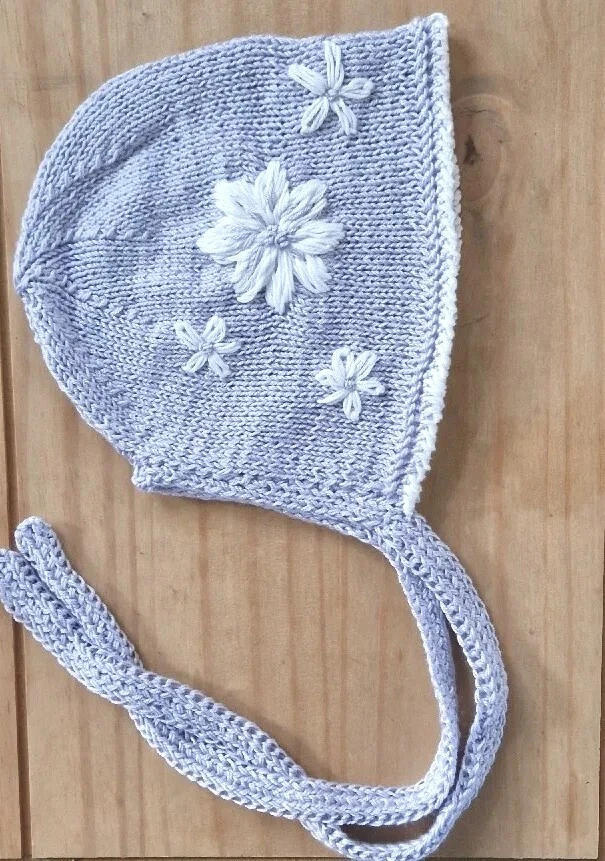 Knitted Baby Bonnet 3-6 Months Kartopu Satin Touch Lavender Flowers Embroidery