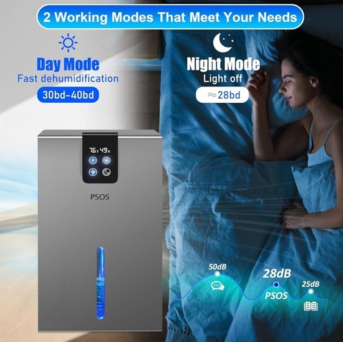 PSOS Dehumidifier 99 Oz for Basement, Bedroom Quiet Small Dehumidifiers New - Picture 6 of 7