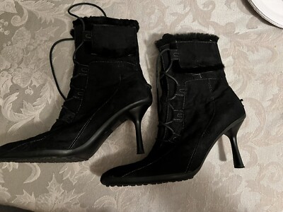 Anne Klein Fur Lined Suede Pointy Toe Lace Up Short High Heel Boots  Sz 8.5 Blk