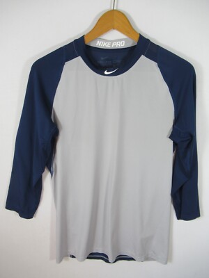 Nike Pro Baseball Jersey Men Medium Fitted Dri Fit Blue/Gray 3/4 Sleeve