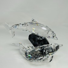 Swarovski Crystal Dolphins Soulmates Figurines On Granite Base In Ocean 0955350