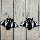 Earrings Black White Bats Enamel Dangle Silver Halloween Animal Goth Jewellery