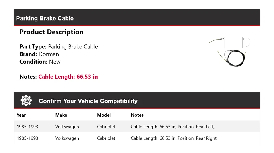 Cable de freno de estacionamiento para Volkswagen Cabriolet Dorman 1985-1993 1986 1987 1988 Foto 2 de 4