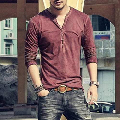 Mens t Shirt Tee Grandad Long Sleeve V-Neck Shirt Top Collarless Button Casual - Picture 13 of 16