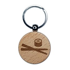 Sushi with Chopsticks Engraved Wood Round Keychain Tag Charm