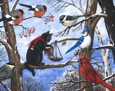 8x10 PRINT OF PAINTING RYTA CHRISTMAS BLACK CAT BIRD BLUE JAY CARDINAL Folk Art