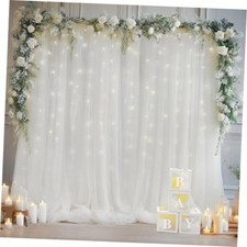 10 10ft Tulle Backdrop Curtain with Lights String for Parites, 10ftx10ft White