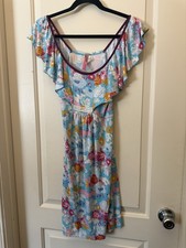Cinnamon Women's S Fit & Flare Floral Dress Blue Pink Yellow Viscose Ruffle