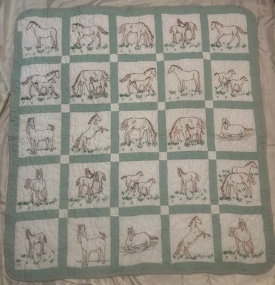 Handmade Horse Embroidered Quilt Green White Brown Non-Standard Bedroom Decor