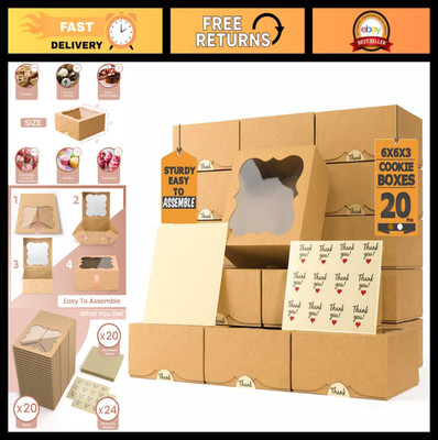 20 Pack Bakery Gift Boxes with Window - 6x6x3 Extra Thick Cookie Containers for