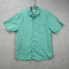 Tommy Bahama Shirt Mens Medium Aqua Green Check Linen Blend Camp Tropical Beach