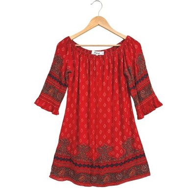 Lapogee Anthropologie Red Bohemian Print Off Shoulder Mini Dress Tunic Small