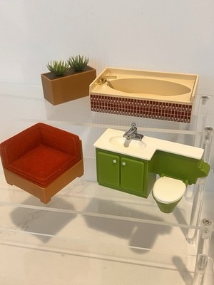 VTG TOMY Smaller Homes Dollhouse Bathroom Furniture Tub Plant Corner Chair 70s