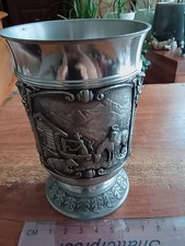Vintage German Pewter Goblet - Heavily Decorated with Scenes of Rural Life