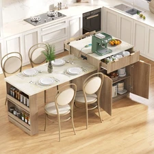 K&K 82.6" Fluted Kitchen Island with Extendable Dining Table for 4-6, Natural
