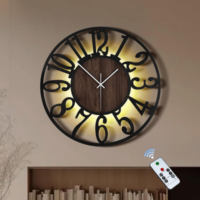 50cm LED Wanduhr Fernbedienung leise modern rund Metall schwarz Holzoptik