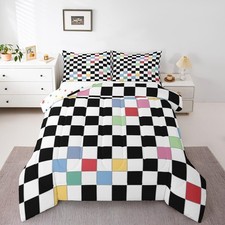 Black White Checkered Bedding Set Twin Colorful Checkerboard Grid Comforter S...