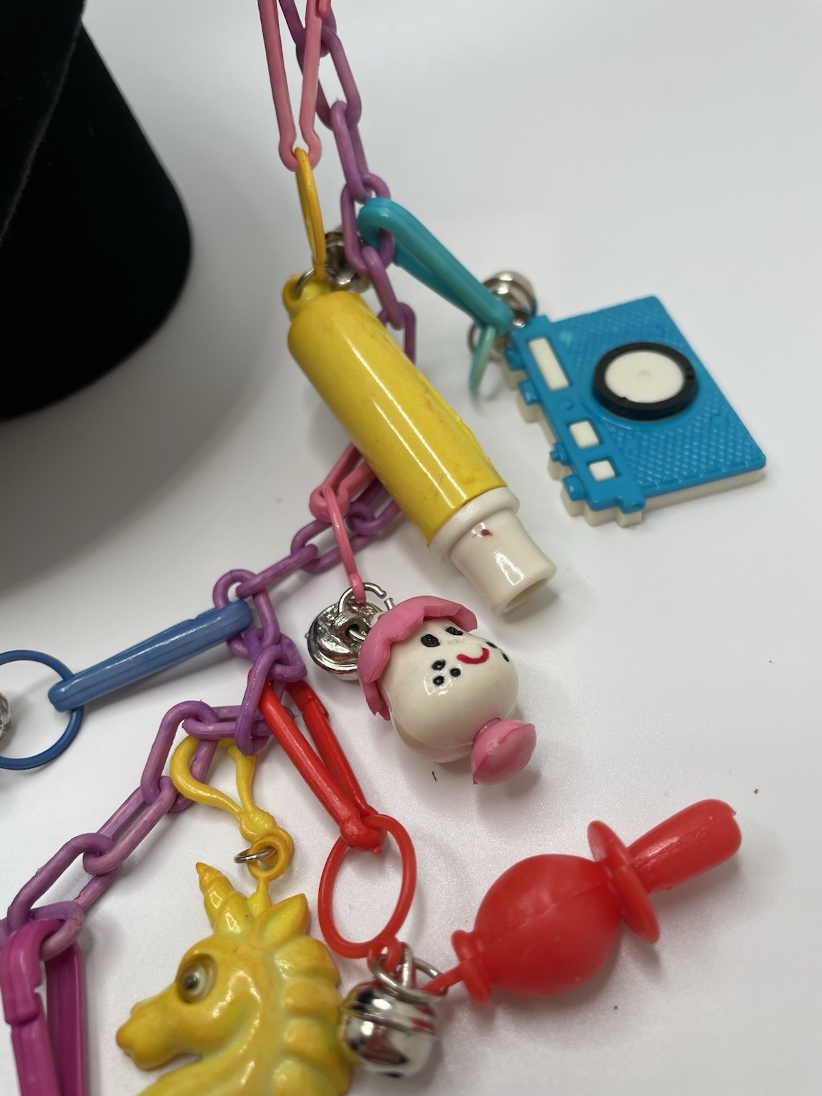 1980’s Vintage 12 Plastic Clip On Bell Charms Chain Necklace Abacus Calculator +