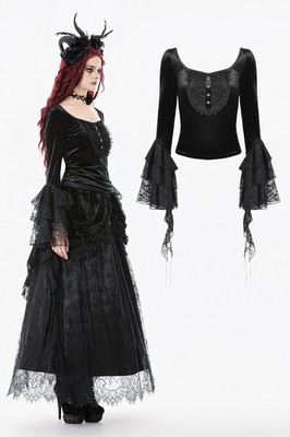 Dark In Love Women Black Gothic Retro Flared Sleeve Velvet Tops Elegant Shirts